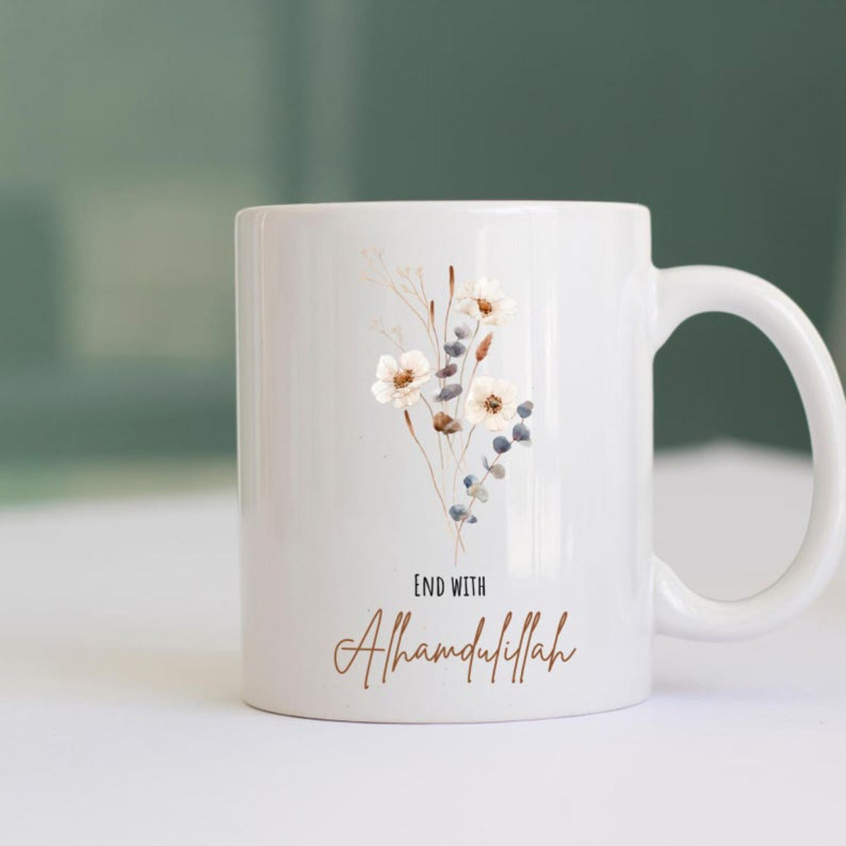 Tailorly White Ceramic 11 oz Mug - End With Alhamdulillah Elegant Botanical Arrangement With Soft White Blossoms And Slender Leaves Flower