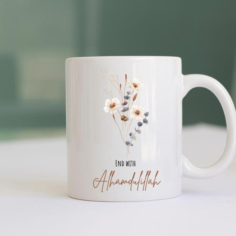 Tailorly White Ceramic 11 oz Mug - End With Alhamdulillah Elegant Botanical Arrangement With Soft White Blossoms And Slender Leaves Flower
