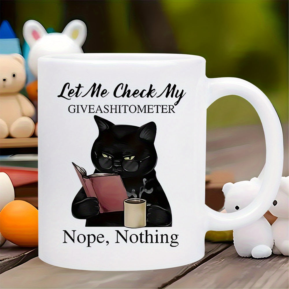 Tailorly White Ceramic 11 oz Mug - Let Me Check My Giveashitometer Nope Nothing Grumpy Black Cat Reading Book And Drinking Coffee Cat