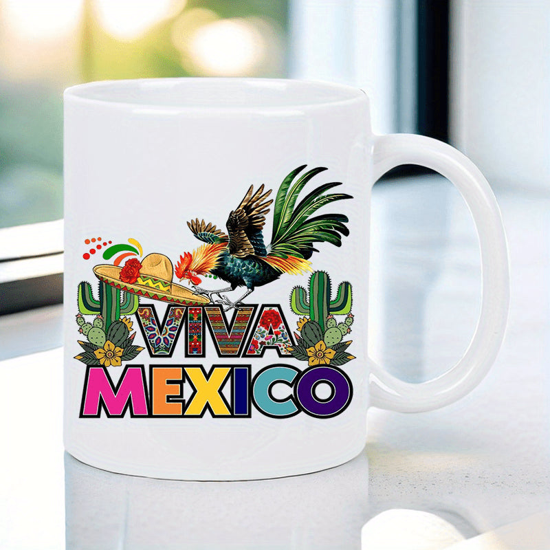 Tailorly White Ceramic 11 oz Mug - Viva Mexico Traditional Sombrero And Cacti Surrounding A Vibrant Colorful Mexican Rooster