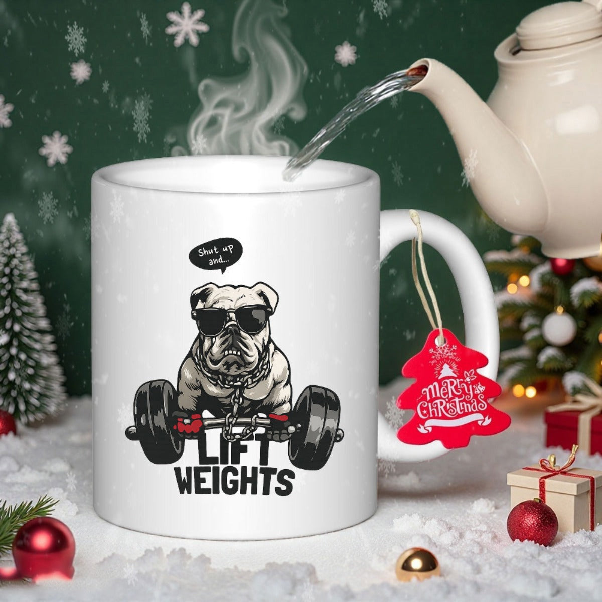 Tailorly White Ceramic 11 oz Mug - Shut Up And Lift Weights Strong Muscular Dog Wearing Dark Sunglasses Lifting Heavy Barbell Bulldog