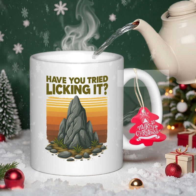 Tailorly White Ceramic 11 oz Mug - Have You Tried Licking It Retro Sunset Color Stripes Behind A Detailed Earthy Textured Grey Rock