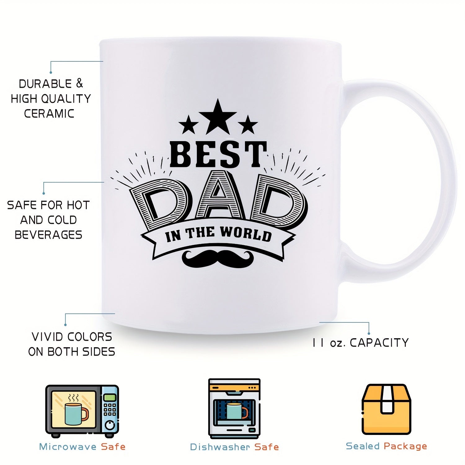 Tailorly White Ceramic 11 oz Mug - Best Dad In The World Featuring Black Stars And Mustache With Celebratory Sunburst Rays Mug