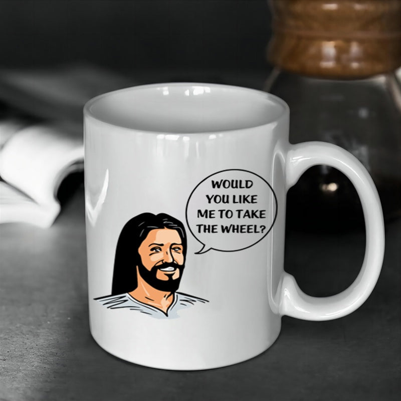 Tailorly White Ceramic 11 oz Mug - Would You Like Me To Take The Wheel Friendly Bearded Illustration With Speech Bubble Religious Character Jesus