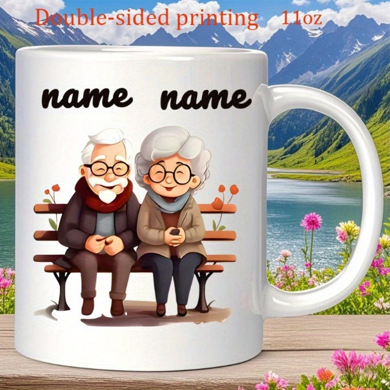 Tailorly White Ceramic 11 oz Mug - Name Name Adorable Cartoon Elderly Couple Sitting On A Wooden Garden Bench Couple