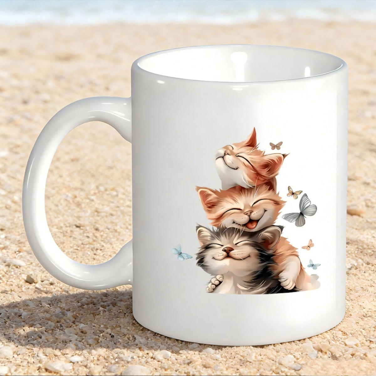 Tailorly White Ceramic 11 oz Mug - Three Adorable Kittens Stacked In A Row Surrounded By Butterflies Kittens