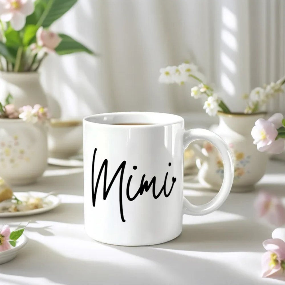 Tailorly White Ceramic 11 oz Mug - Mimi Minimalist Cursive Script Centered On A Clean White Ceramic Cylinder Mug