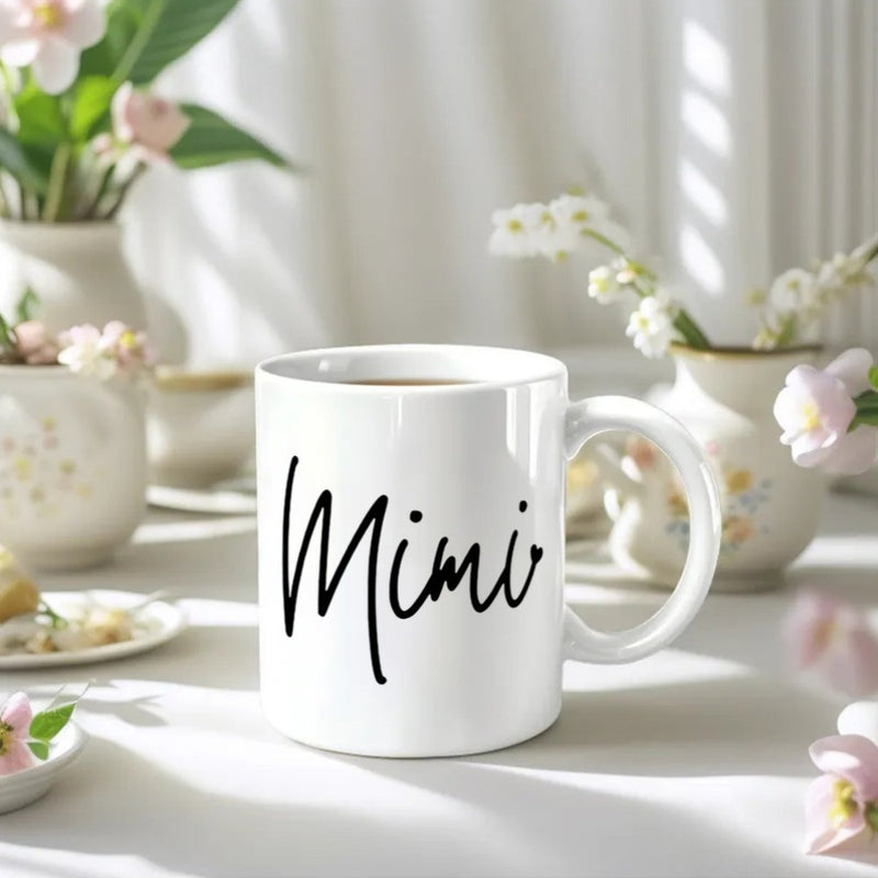 Tailorly White Ceramic 11 oz Mug - Mimi Minimalist Cursive Script Centered On A Clean White Ceramic Cylinder Mug