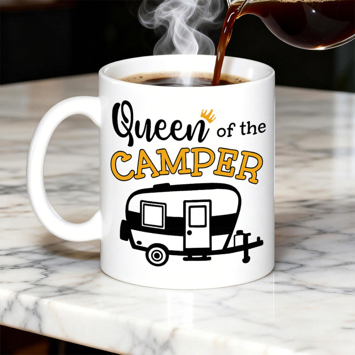 Tailorly White Ceramic 11 oz Mug - Queen Of The Camper Simple Line Art Vintage Travel Trailer Icon With Gold Details Camper
