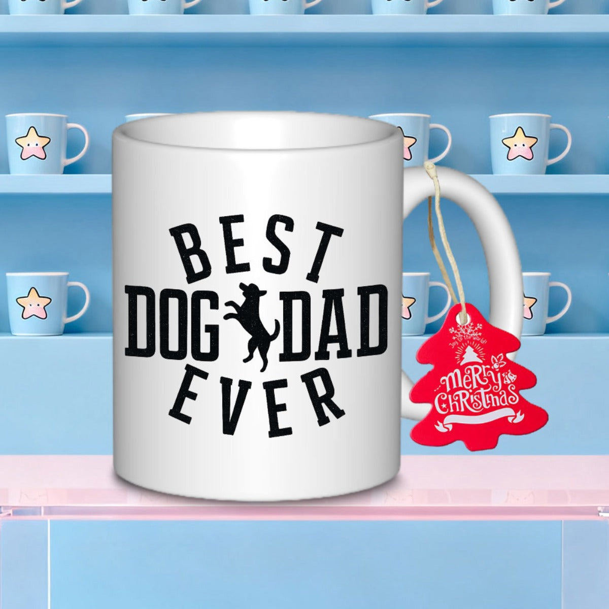 Tailorly White Ceramic 11 oz Mug - Best Dog Dad Ever Simple Black Silhouette Of A Playful Puppy Jumping In The Center Dog