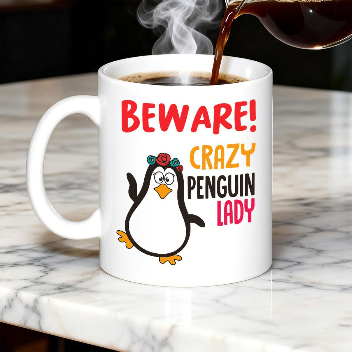 Tailorly White Ceramic 11 oz Mug - Beware Crazy Penguin Lady Adorable Cartoon Bird Wearing Colorful Floral Crown On Head Penguin