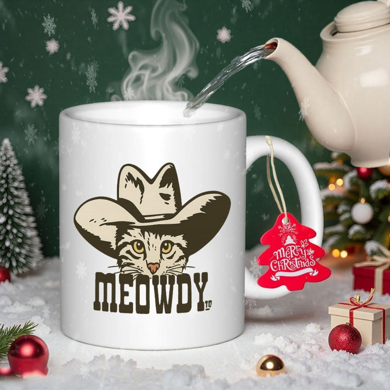 Tailorly White Ceramic 11 oz Mug - Meowdy Retro Style Illustration Of A Cute Tabby Feline Wearing A Cowboy Cat