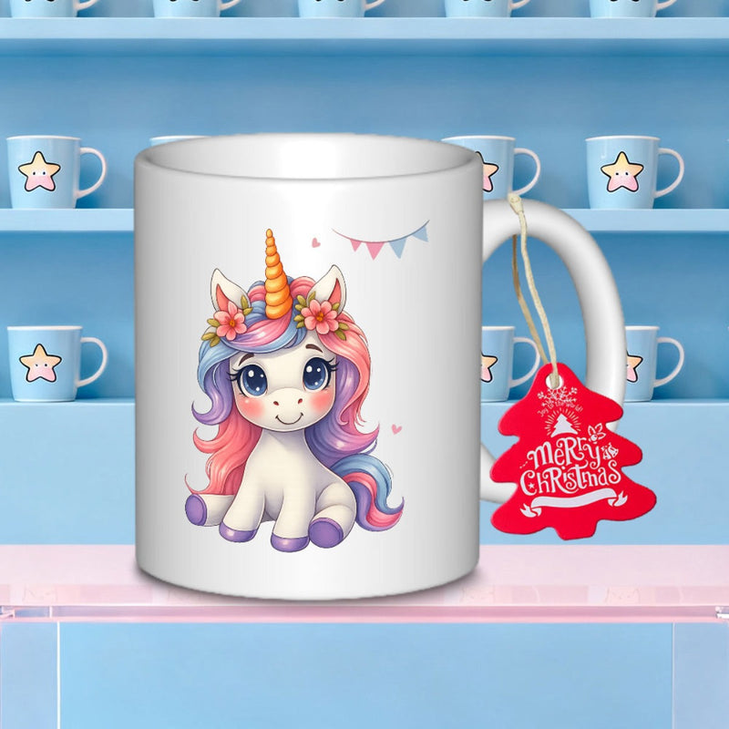 Tailorly White Ceramic 11 oz Mug - Merry Christmas Charming Baby Creature Wearing Floral Crown Among Festive Bunting Unicorn