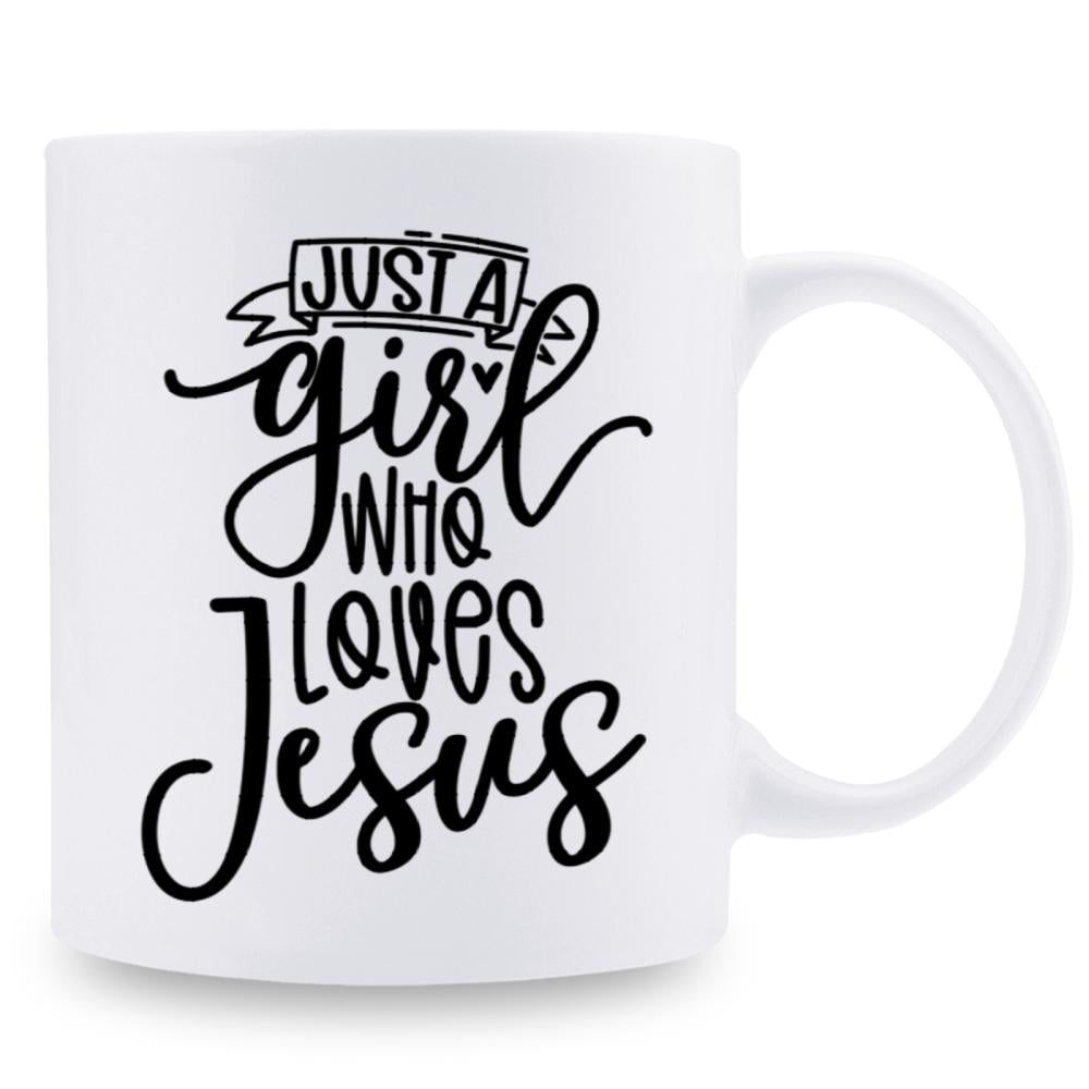 Tailorly White Ceramic 11 oz Mug - Just A Girl Who Loves Jesus With Elegant Handwritten Calligraphy And Bold Decorative Text Mug