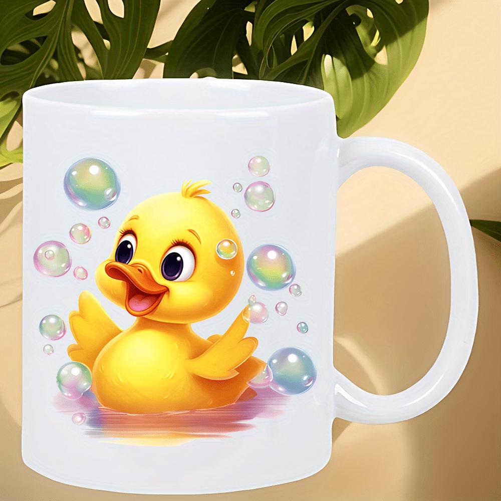 Tailorly White Ceramic 11 oz Mug - Adorable Yellow Duckling Playing With Colorful Soap Bubbles In Pink Water Duck