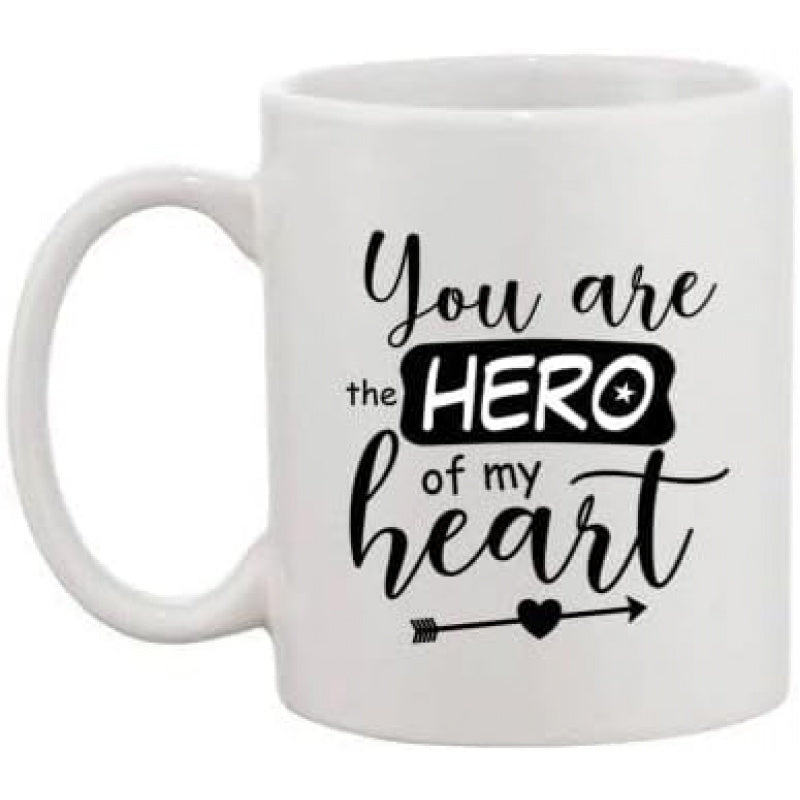 Tailorly White Ceramic 11 oz Mug - You Are The Hero Of My Heart Black Cursive Handwritten Text Featuring Stylized Arrow And Small Decorative Heart