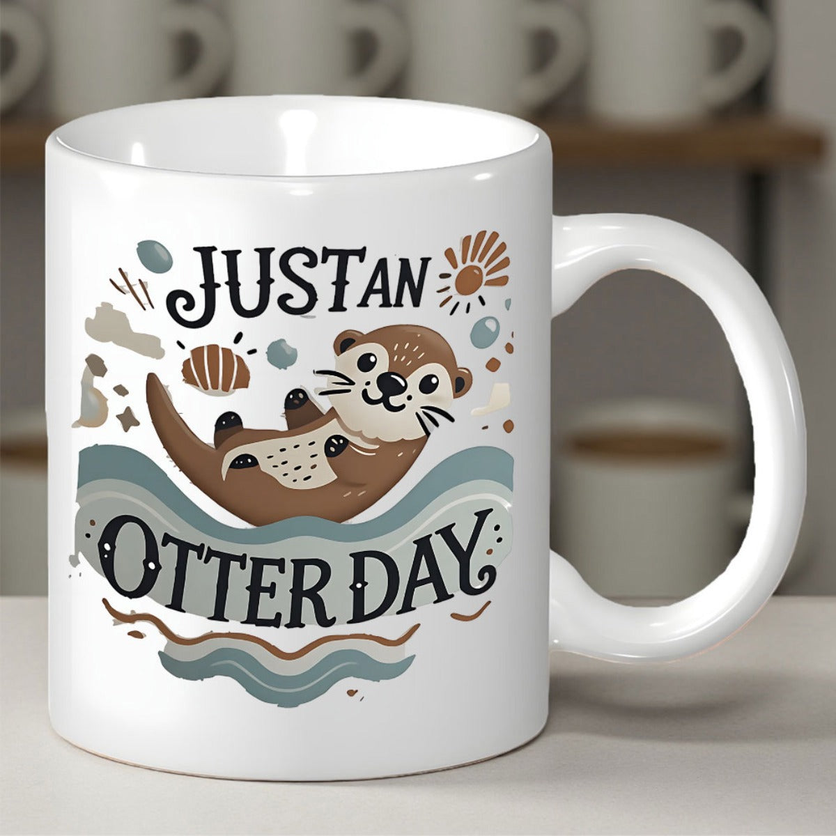 Tailorly White Ceramic 11 oz Mug - Just An Otter Day Cute Cartoon Animal Floating On Gentle Waves Among Decorative Sea Shells Otter