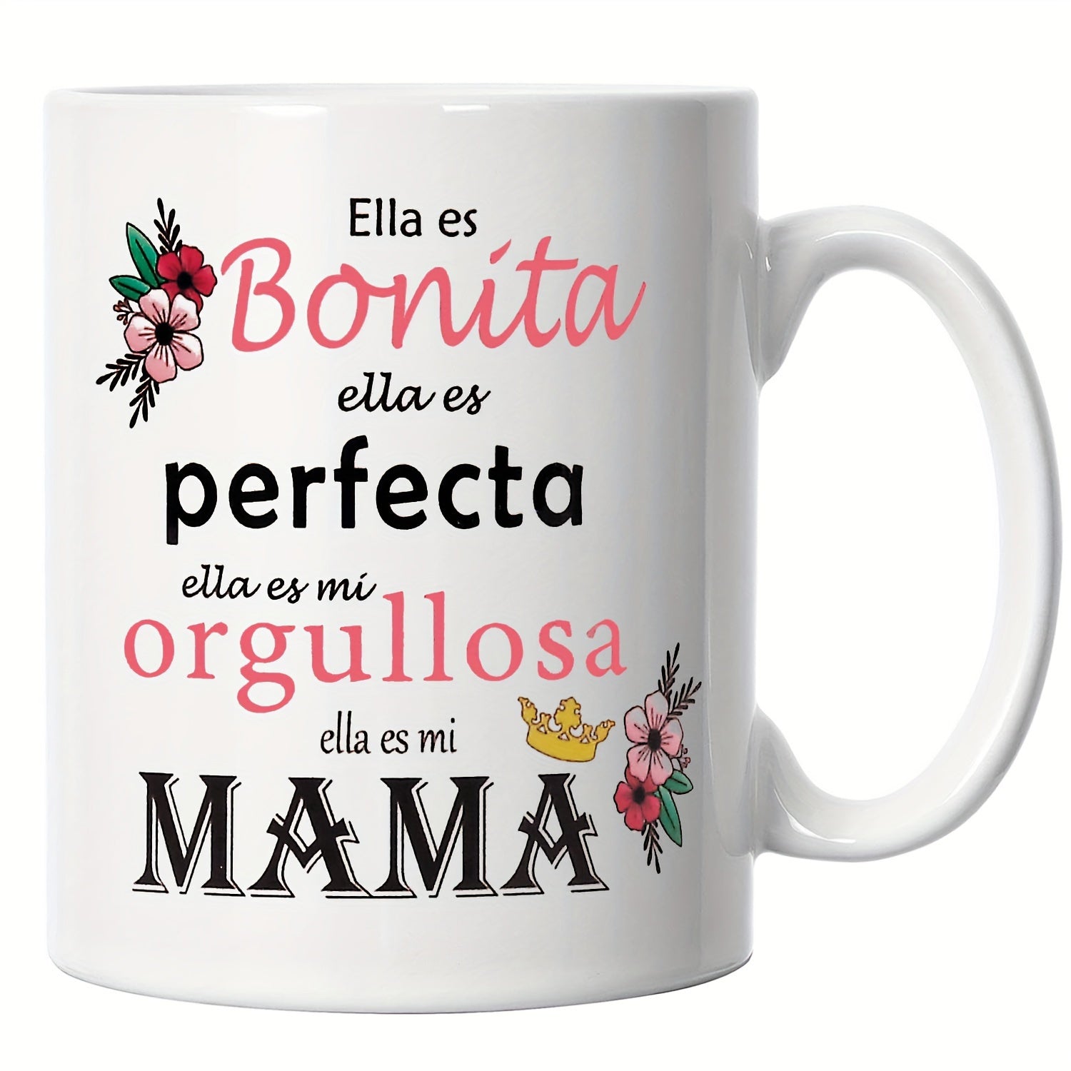 Tailorly White Ceramic 11 oz Mug - Mama Elegant Pink Flowers And Golden Crown Set Against Clean White Surface Mug