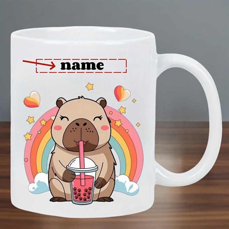 Tailorly White Ceramic 11 oz Mug - Name Cute Cartoon Animal Sipping Pink Bubble Tea Under Colorful Vibrant Rainbow Capybara