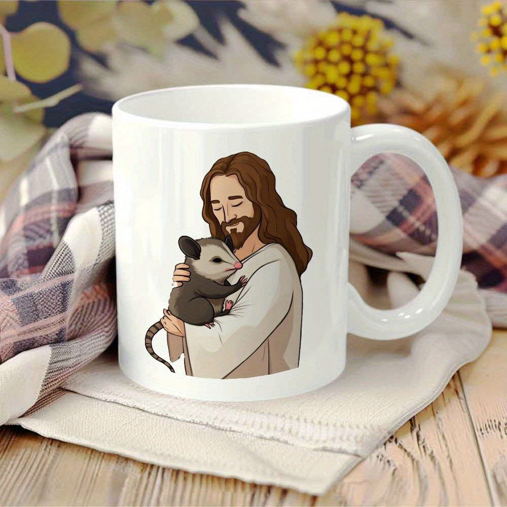 Tailorly White Ceramic 11 oz Mug - Serene Divine Figure With Long Hair Gently Hugging A Small Opossum