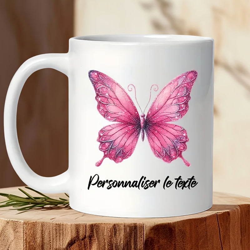 Tailorly White Ceramic 11 oz Mug - Vibrant Pink Watercolor Wings Resting On A Minimalist White Surface Butterfly