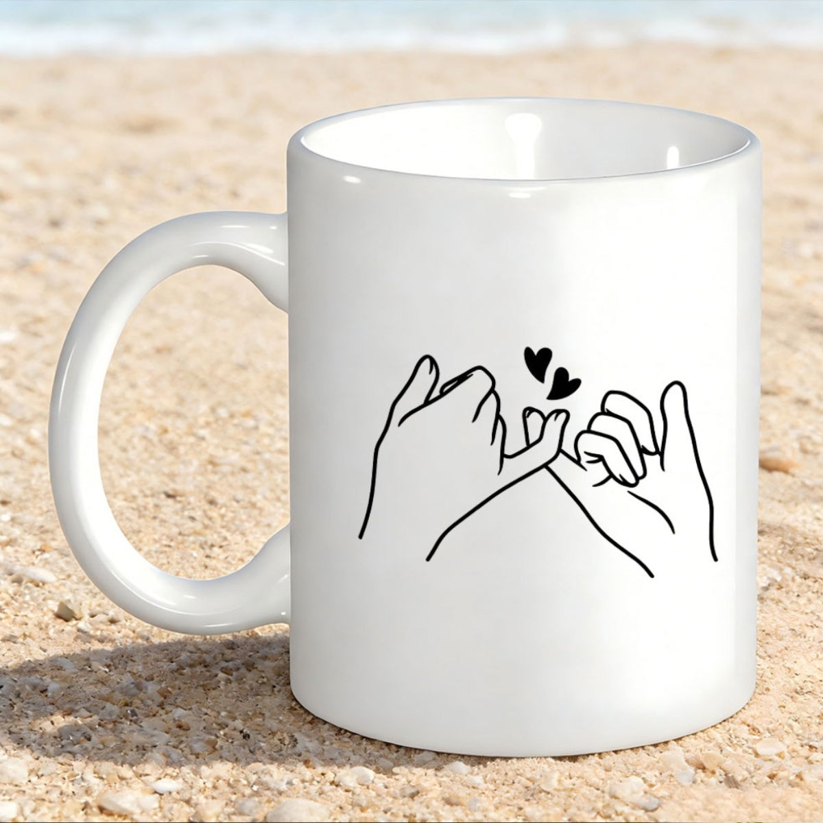 Tailorly White Ceramic 11 oz Mug - Minimalist Black Line Drawing Of Two Interlocked Pinky Fingers With Hearts Hands
