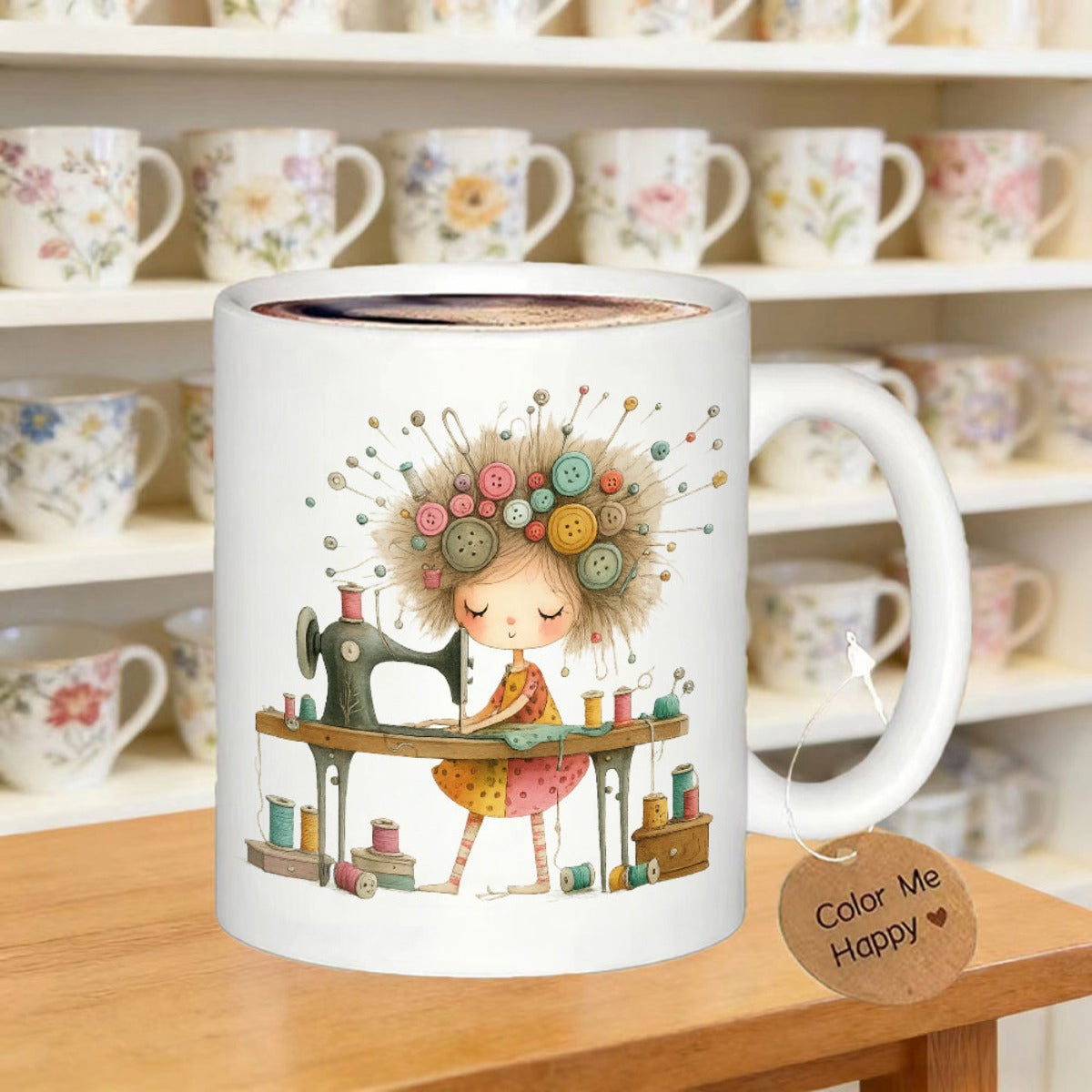 Tailorly White Ceramic 11 oz Mug - Color Me Happy Whimsical Character Sewing At Vintage Machine With Buttons In Messy Hair Girl