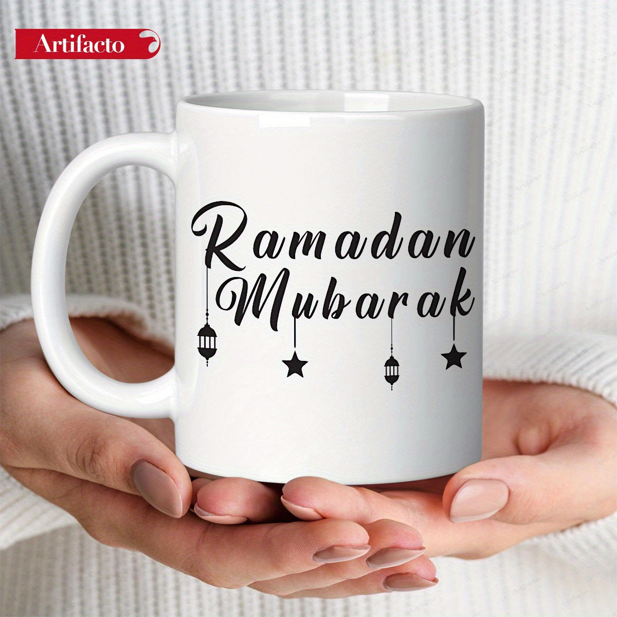 Tailorly White Ceramic 11 oz Mug - Ramadan Mubarak Hanging Traditional Lanterns And Shining Stars With Festive Script Mug
