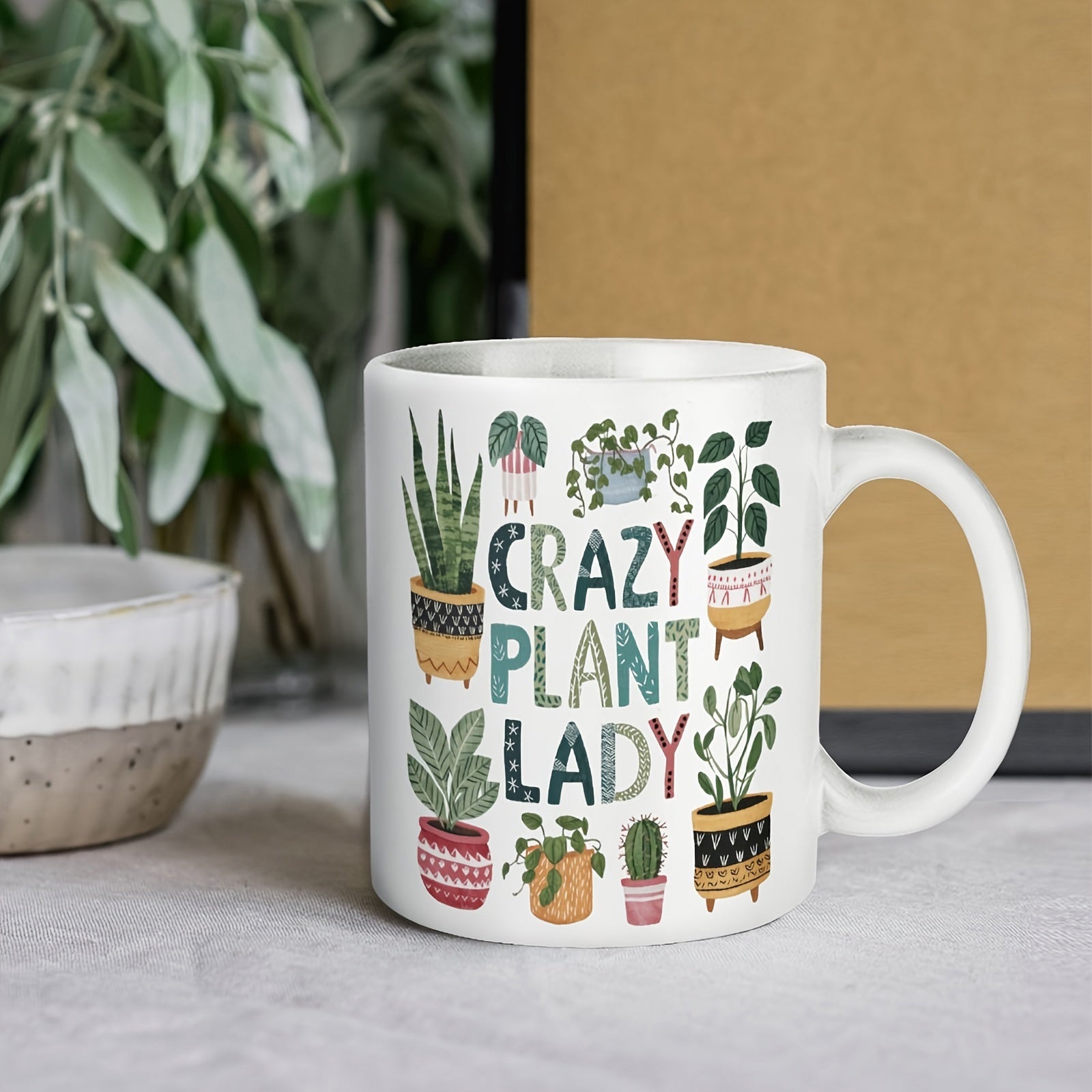 Tailorly White Ceramic 11 oz Mug - Crazy Plant Lady Vibrant Assorted Potted Indoor Greenery Surrounding Hand Drawn Style Plant