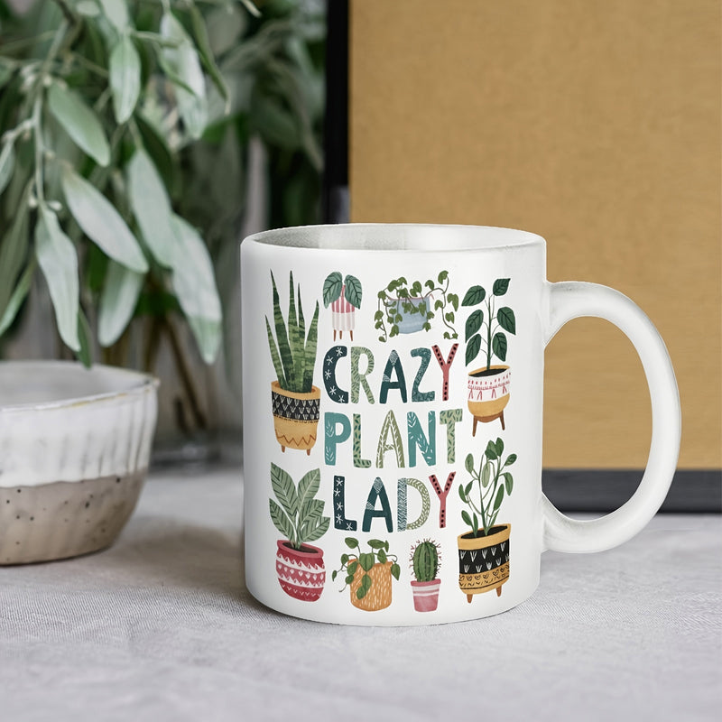 Tailorly White Ceramic 11 oz Mug - Crazy Plant Lady Vibrant Assorted Potted Indoor Greenery Surrounding Hand Drawn Style Plant
