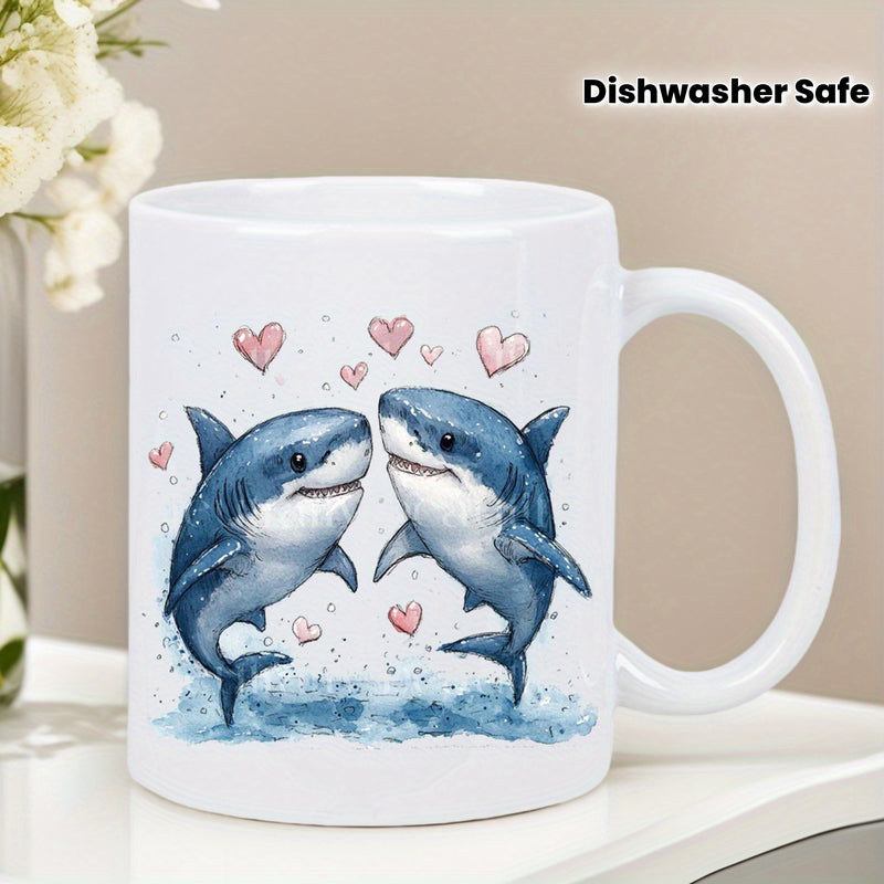 Tailorly White Ceramic 11 oz Mug - Watercolor Blue Sharks Jumping From Waves With Little Pink Hearts Shark