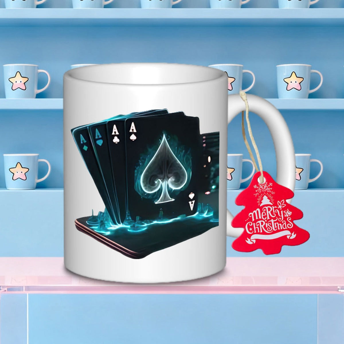 Tailorly White Ceramic 11 oz Mug - Merry Christmas Glowing Neon Blue Fire Flowing Around Dark Ace Playing Card
