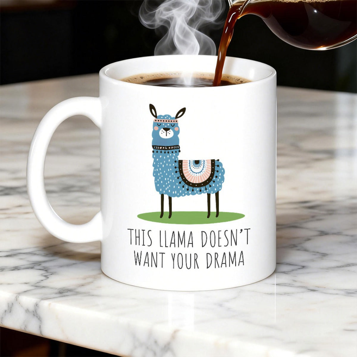 Tailorly White Ceramic 11 oz Mug - This Llama Doesnt Want Your Drama Charming Blue Llama Standing On Vibrant Green Patch Of Grass Llama