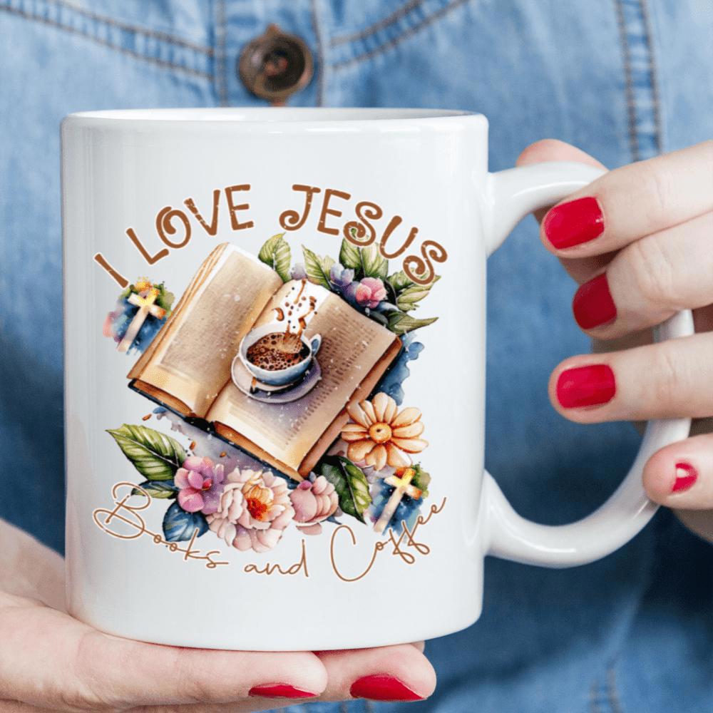 Tailorly White Ceramic 11 oz Mug - I Love Jesus Books And Coffee Vintage Open Book With Steaming Cup Among Blooming Colorful Flowers Design
