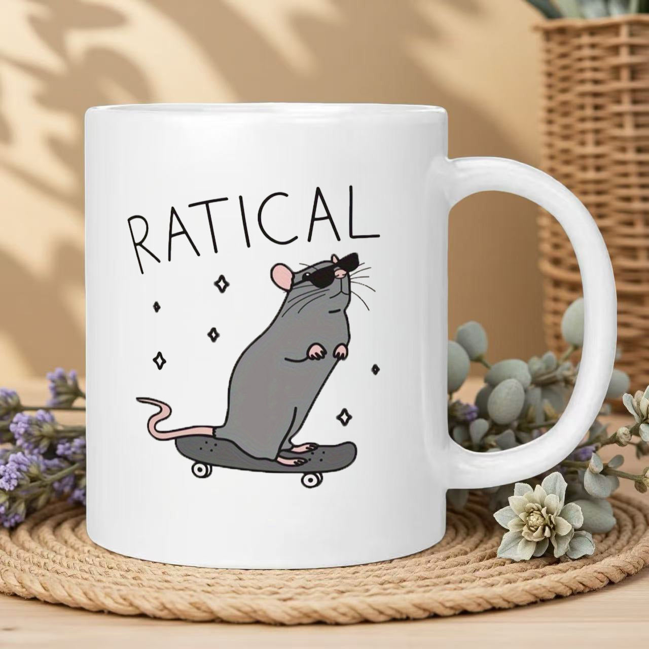 Tailorly White Ceramic 11 oz Mug - Ratical Cool Grey Cartoon Rodent Wearing Sunglasses Riding On A Black Small Skateboard Rat