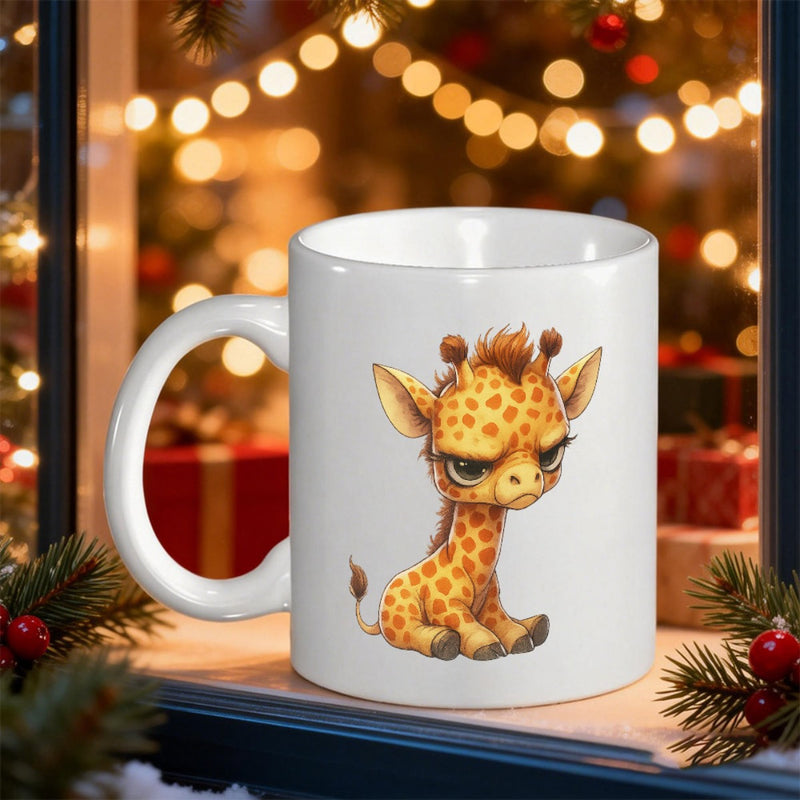 Tailorly White Ceramic 11 oz Mug - Small Adorable Grumpy Baby Animal With Golden Spots Sitting Resting Giraffe