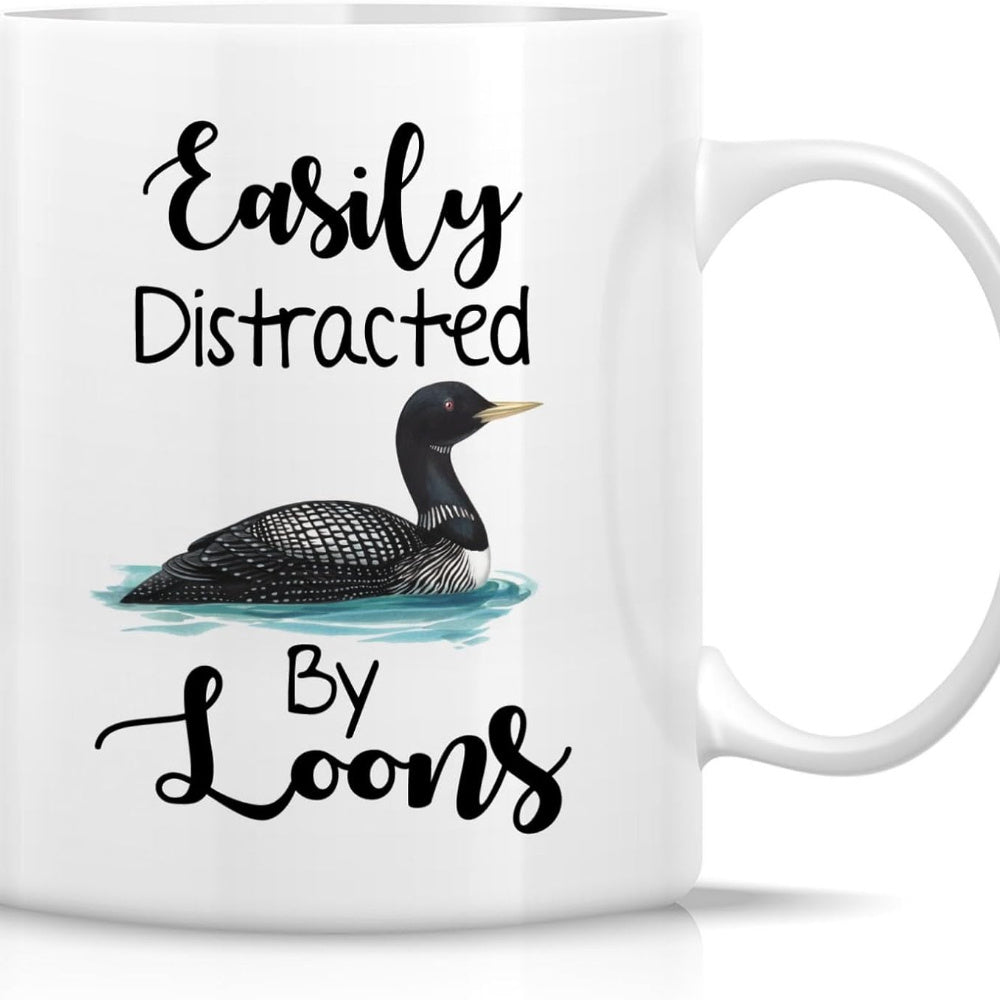 Tailorly White Ceramic 11 oz Mug - Easily Distracted By Loons Majestic Wild Water Bird Swimming On Rippling Blue Lake Surface Loon