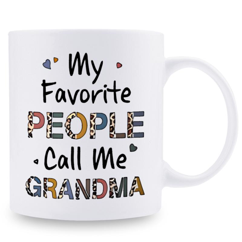 Tailorly White Ceramic 11 oz Mug - My Favorite People Call Me Grandma Bold Leopard Pattern Letters Among Small Artistic Colorful Floating Hearts