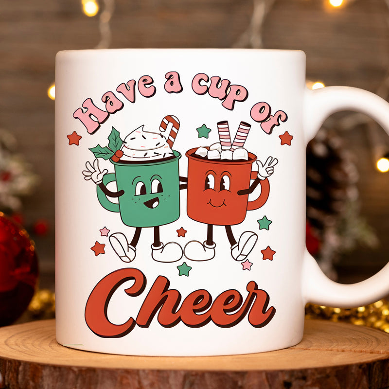 Tailorly White Ceramic 11 oz Mug - Have A Cup Of Cheer Two Vintage Cartoon Mugs With Smiling Faces And Holiday Toppings Celebrating Among Stars Mug