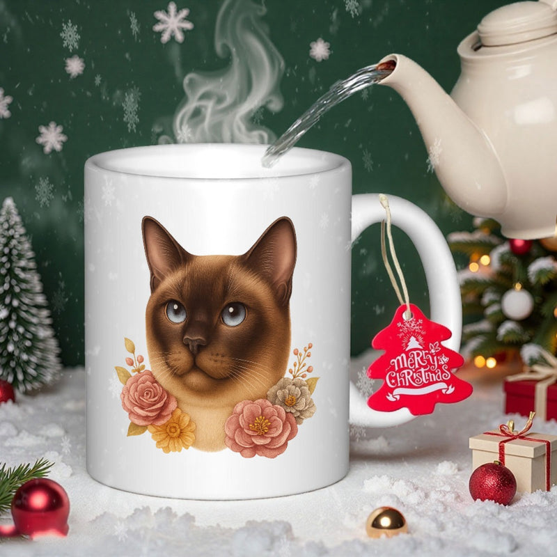 Tailorly White Ceramic 11 oz Mug - Merry Christmas Realistic Siamese Cat Portrait With Blooming Floral Roses In Warm Colors Cat