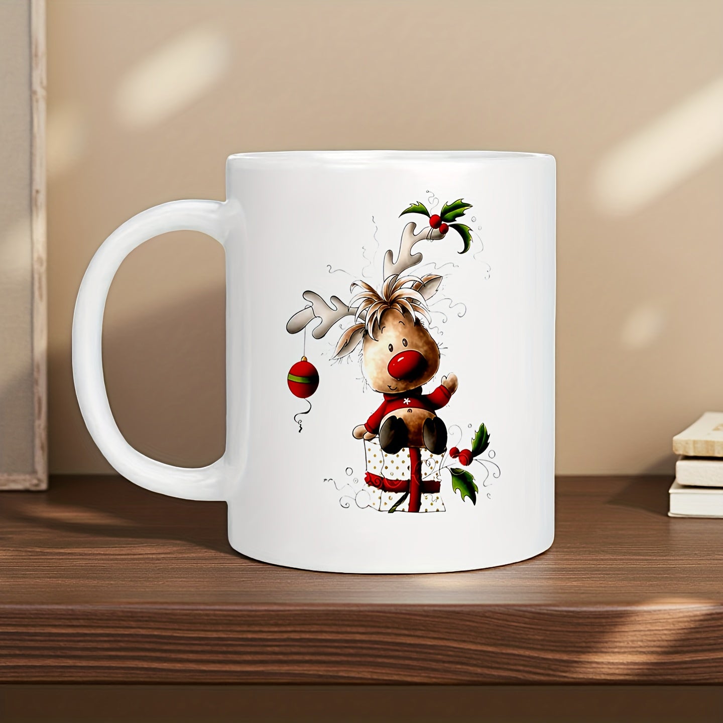 Tailorly White Ceramic 11 oz Mug - Cute Festive Cartoon Sitting On Gift Box Decorated With Holly And Ornament Reindeer