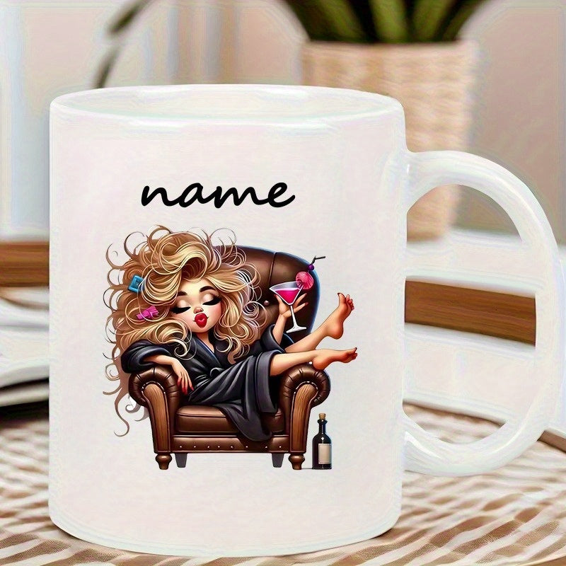 Tailorly White Ceramic 11 oz Mug - Name Glamorous Lady Relaxing In Brown Leather Armchair Holding Pink Martini Cocktail Woman