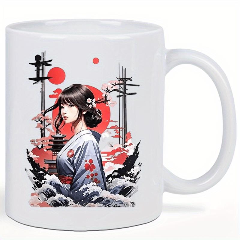 Tailorly White Ceramic 11 oz Mug - Graceful Woman Wearing Floral Kimono Among Red Sun And Ocean Waves Lady