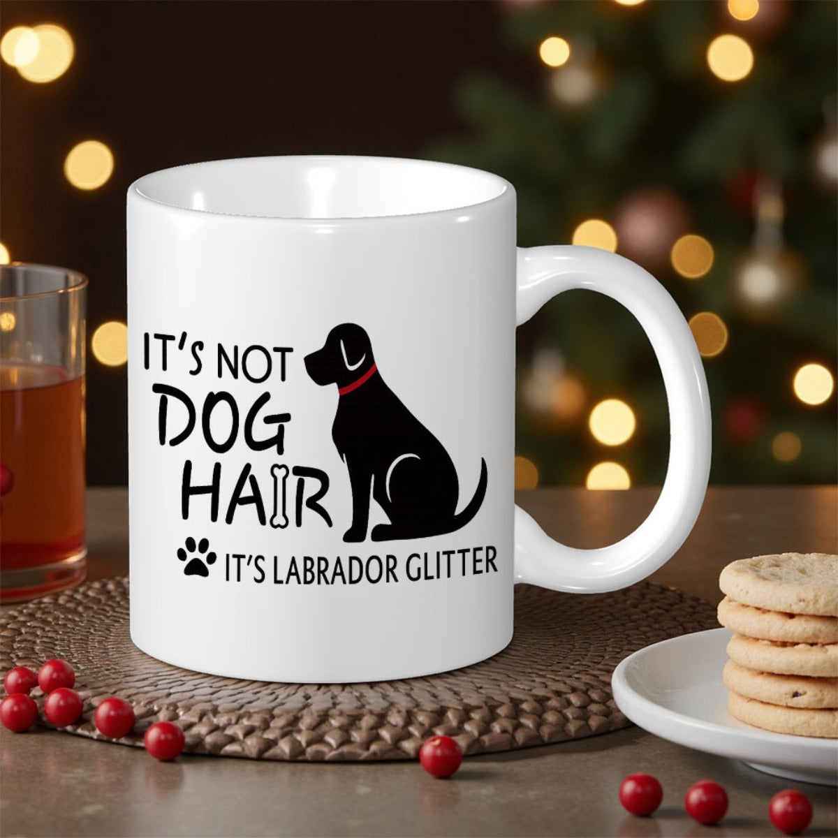 Tailorly White Ceramic 11 oz Mug - Its Not Dog Hair Its Labrador Glitter Black Silhouette Sitting Gracefully With A Red Collar Among Paw Prints Labrador