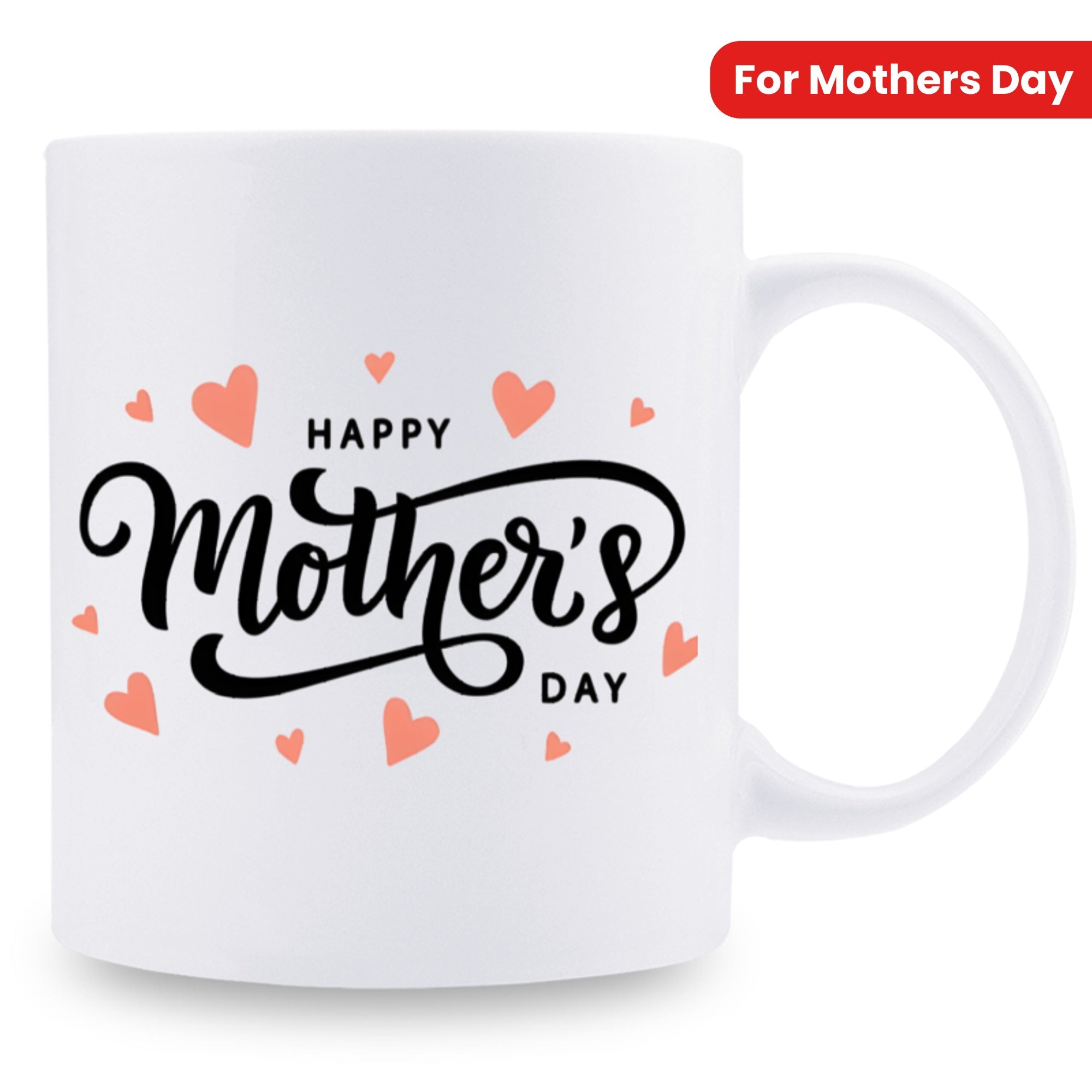 Tailorly White Ceramic 11 oz Mug - Happy Mothers Day Delicate Pink Hearts Surrounding Artistic Script Calligraphy Greeting Heart