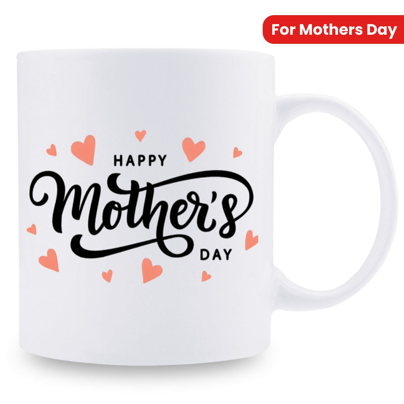 Tailorly White Ceramic 11 oz Mug - Happy Mothers Day Delicate Pink Hearts Surrounding Artistic Script Calligraphy Greeting Heart