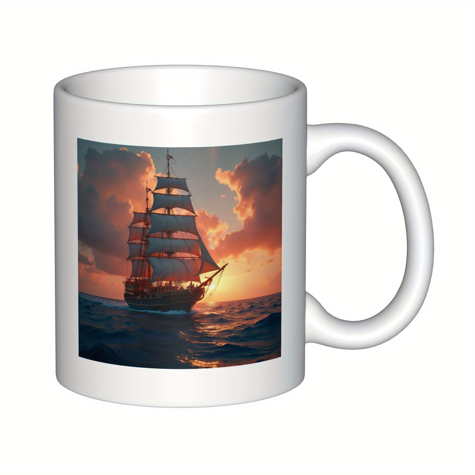Tailorly White Ceramic 11 oz Mug - Majestic Ancient Vessel Sailing Across Stormy Sea Under Golden Sunset Sky Galleon