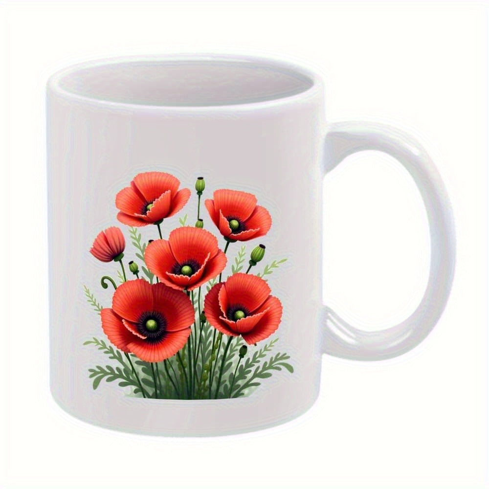 Tailorly White Ceramic 11 oz Mug - Vibrant Red Petals With Delicate Green Stems Among Wild Summer Meadow Poppy