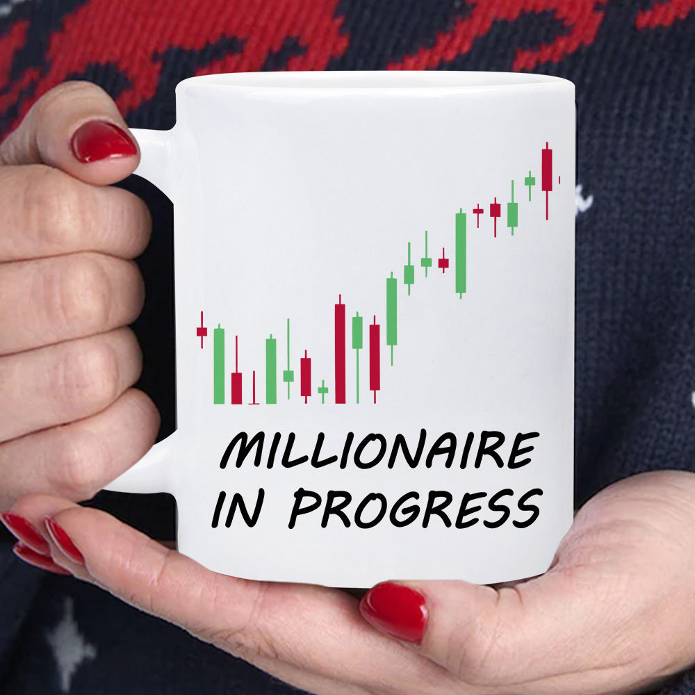 Tailorly White Ceramic 11 oz Mug - Millionaire In Progress Rising Stock Market Candlestick Pattern Showing Profitable Upward Trend Financial Growth Chart