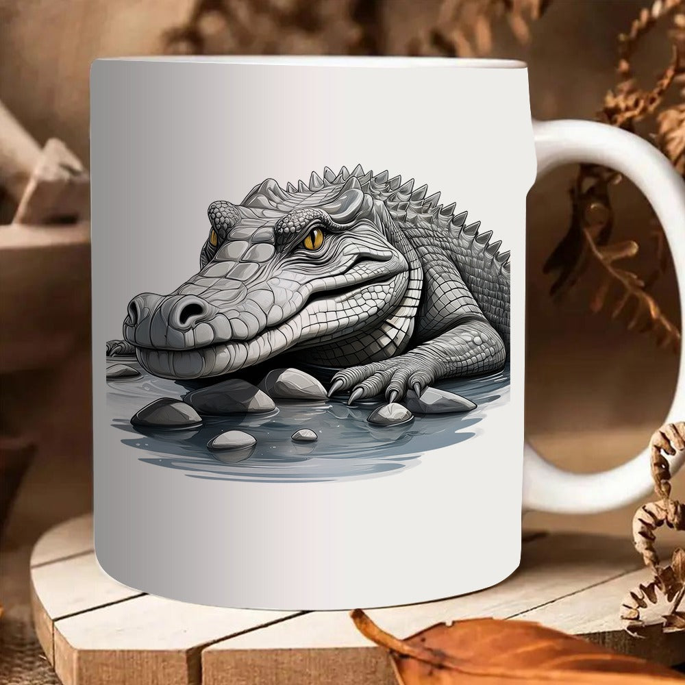 Tailorly White Ceramic 11 oz Mug - Fierce Grey Reptile Resting Among Smooth River Stones In Shallow Water Crocodile